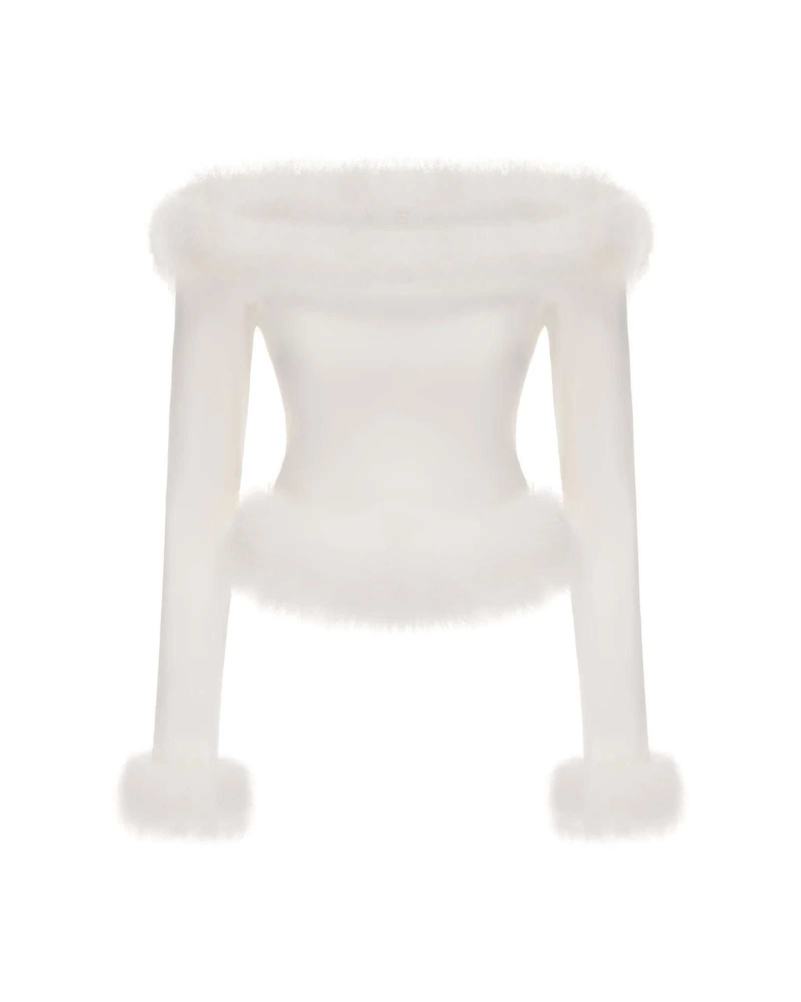 Viola Feather Top (White) | Elegant Off-Shoulder Furry Knit Winter Top | Nana Jacqueline