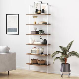 Nathan James Theo Rustic Oak Wood 6-Shelf Tall Ladder Bookcase Wall Mount Bookshelf Matte White Meta | The Home Depot
