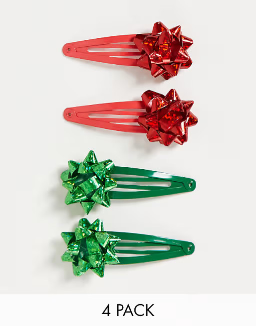 ASOS DESIGN Christmas pack of 4 snap clips with gift bows | ASOS (Global)