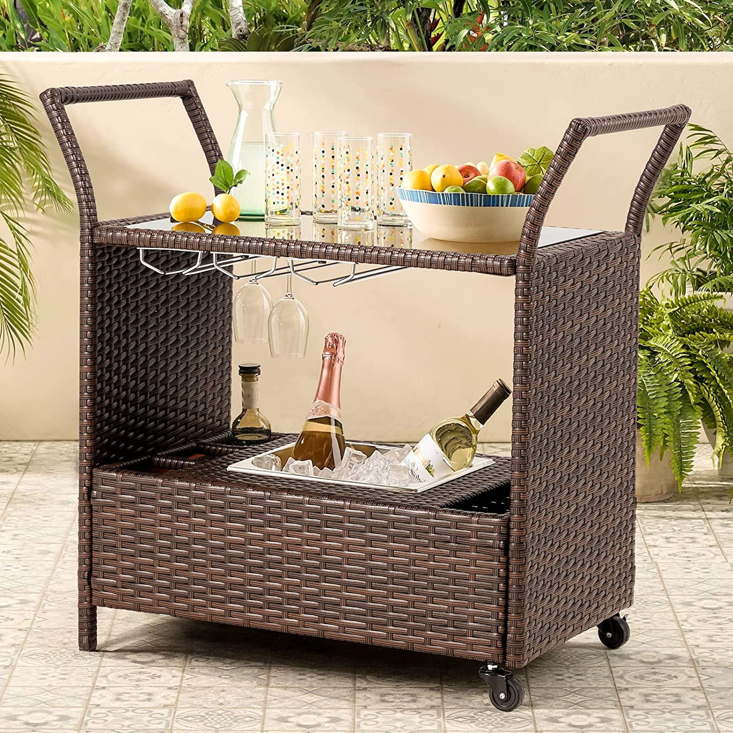Outdoor Wicker Bar Cart with Removable Ice Bucket, Rattan Bar Serving Cart with Glass Holder and ... | Walmart (US)
