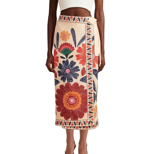 Talakeno Womens Floral Wrap Midi Skirt Summer Adjustable Tie Side Casual High Waist A Line Beach Boho Long Flared Skirts(Red,S) | Amazon (US)