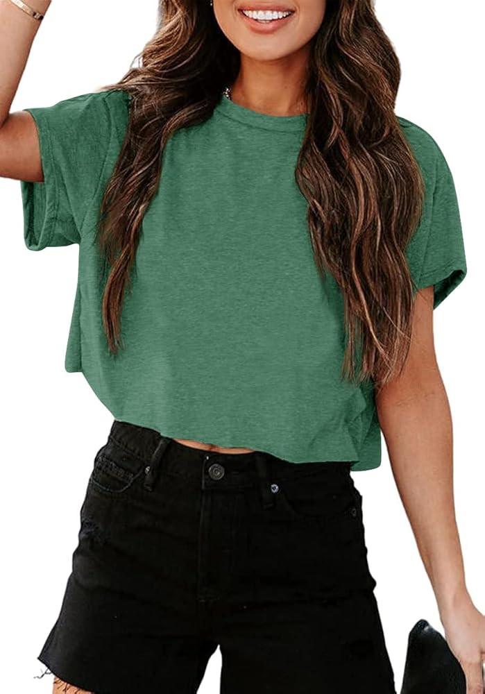 Tankaneo Women Short Sleeve Cropped T-Shirts Crew Neck Loose Crop Tops Summer Casual Drop Shoulde... | Amazon (US)