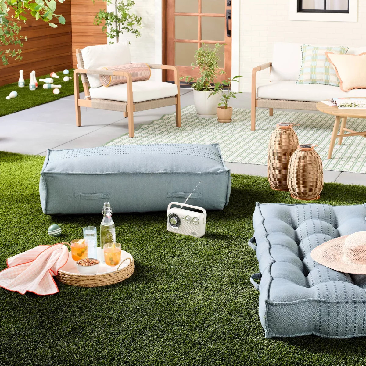 44"x22"x10 Rib Stripe Woven Chambray Outdoor Patio Cushioned Bench  Blue - Hearth & Hand™ with ... | Target