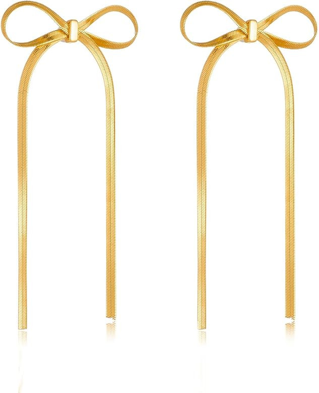 Gold Bow Earrings for Women Silver Bow Stud Earrings Ribbon Earrings Long Bow Dangle Earrings Sil... | Amazon (US)