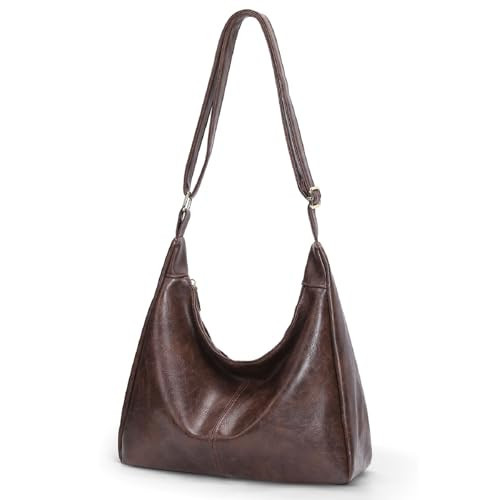 Slouchy Shoulder Bag for Women Leather Brown Purse Daily Hobo Bags Large Capacity Crossbody Bag Fall Handbags with Zipper | Amazon (US)