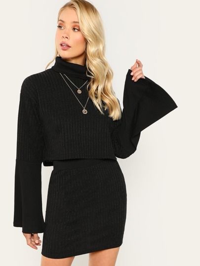 High Neck Ribbed Knit Top & Skirt Co-Ord | SHEIN