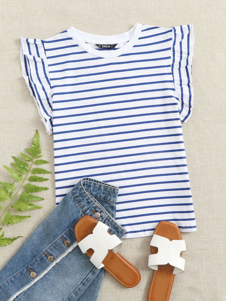 Blauw en wit Schattig Gestreept T-shirt Rimpeling | SHEIN