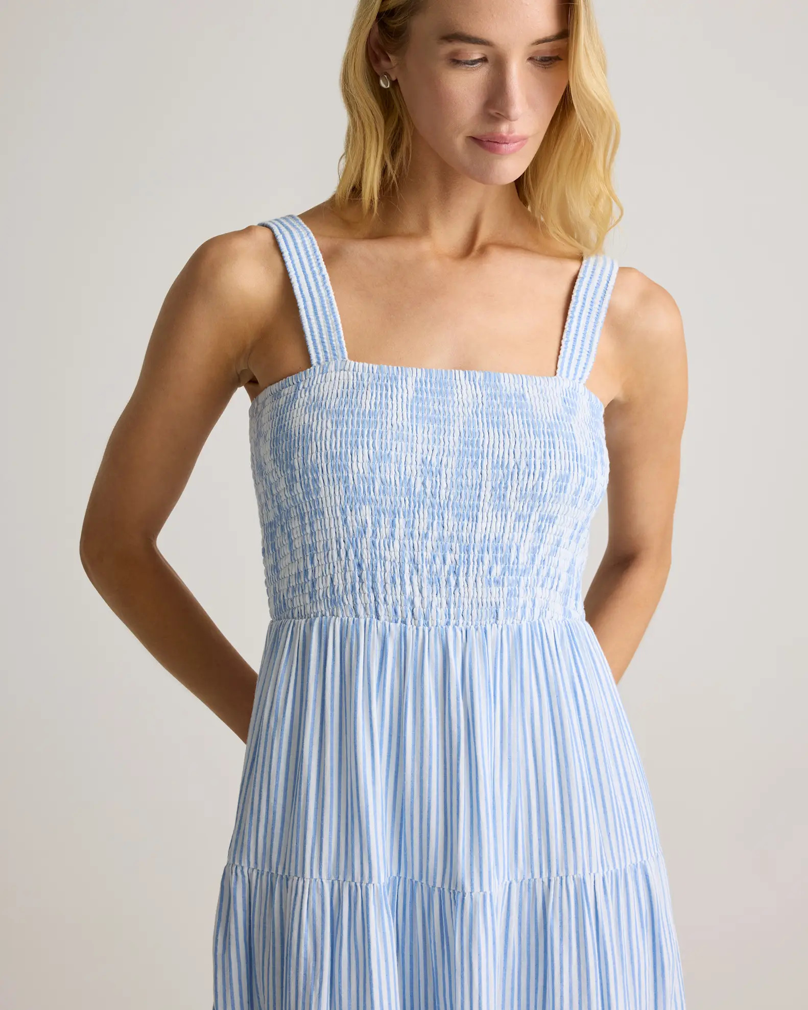 100% Organic Cotton Gauze Smocked Sleeveless Maxi Dress in Bayside Stripe Blue/white | Quince
