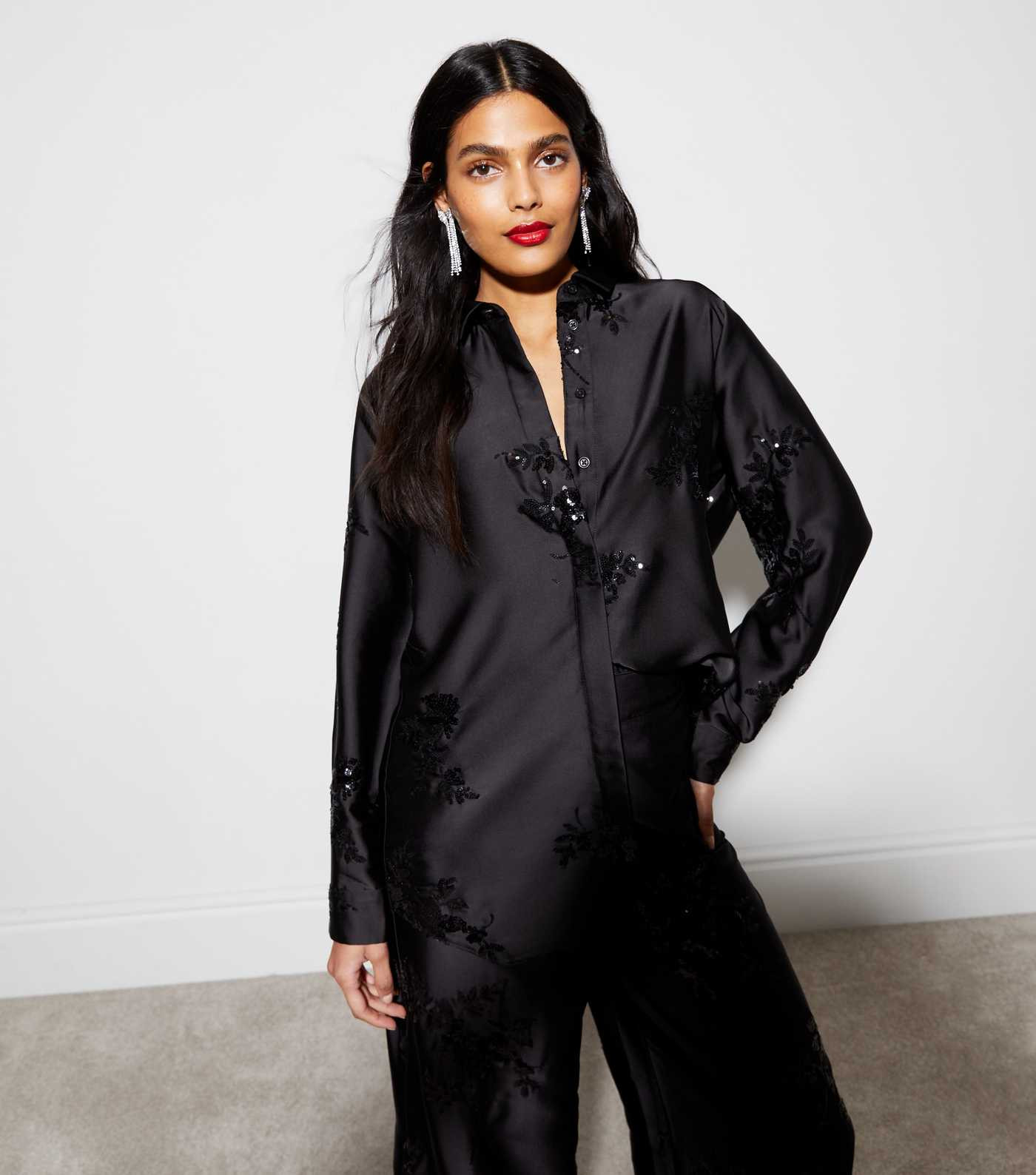 Black Satin Sequin Embellished Shirt
						
						Add to Saved Items
						Remove from Saved Item... | New Look (UK)