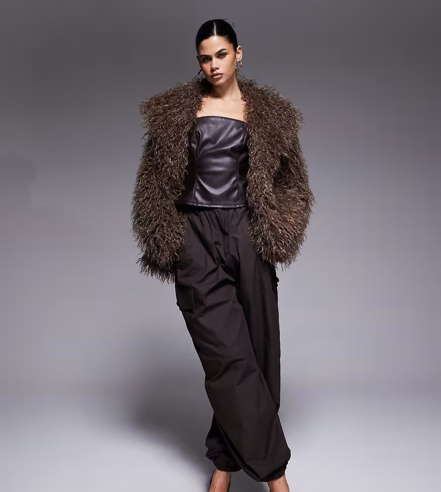 The Frolic exclusive faux mongolian fur oversized collar coat in coffee-Brown | ASOS (Global)