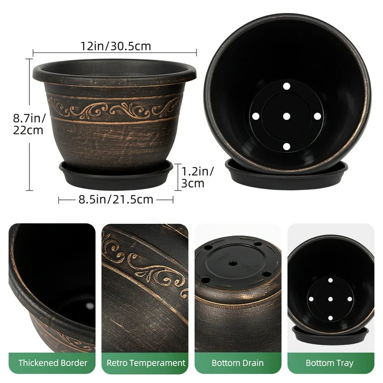 QCQHDU Plant Pots, 3 Packs 12 inch Planters with Drainage Hole Saucer, Plastic Flower Pots for In... | Walmart (US)