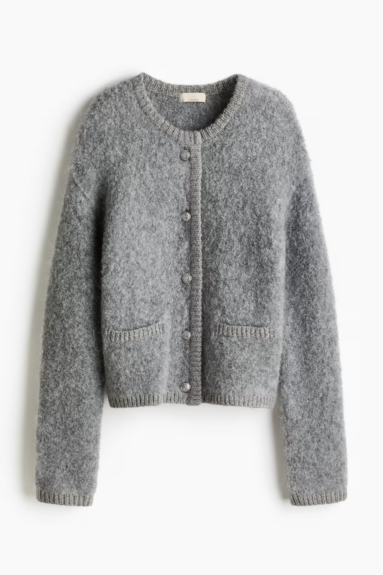 Cárdigan en bouclé de mezcla de lana - Cuello redondo - Manga larga - Gris jaspeado - MUJER | H... | H&M (FR, IT, ES, PT, BE)