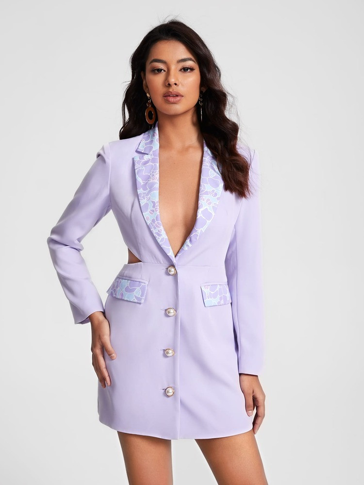 SHEIN X Lilee Graphic Print Lapel Collar Flap Detail Blazer Dress | SHEIN