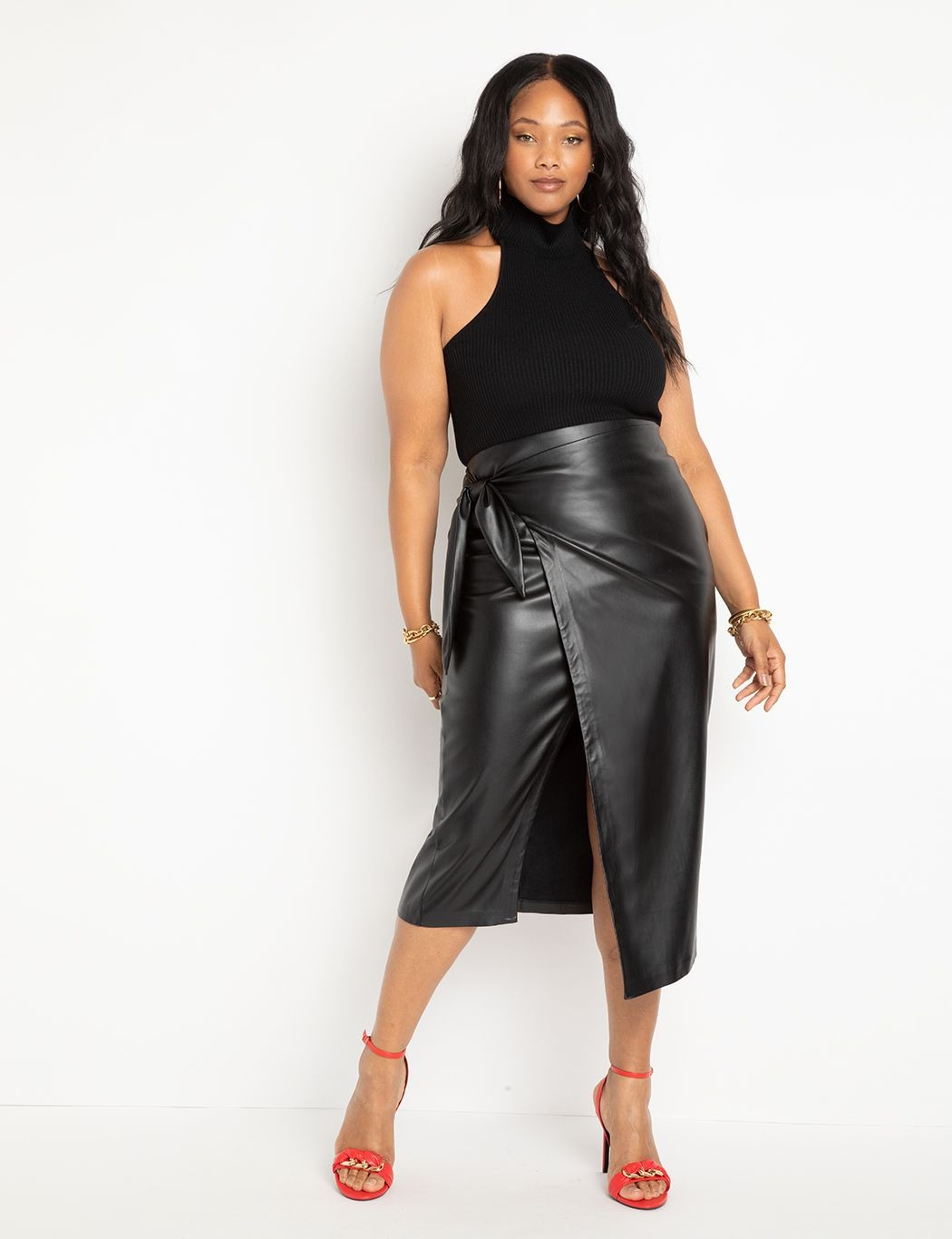 Wrap Front Faux Leather Midi Skirt | Women's Plus Size Skirts | ELOQUII | Eloquii