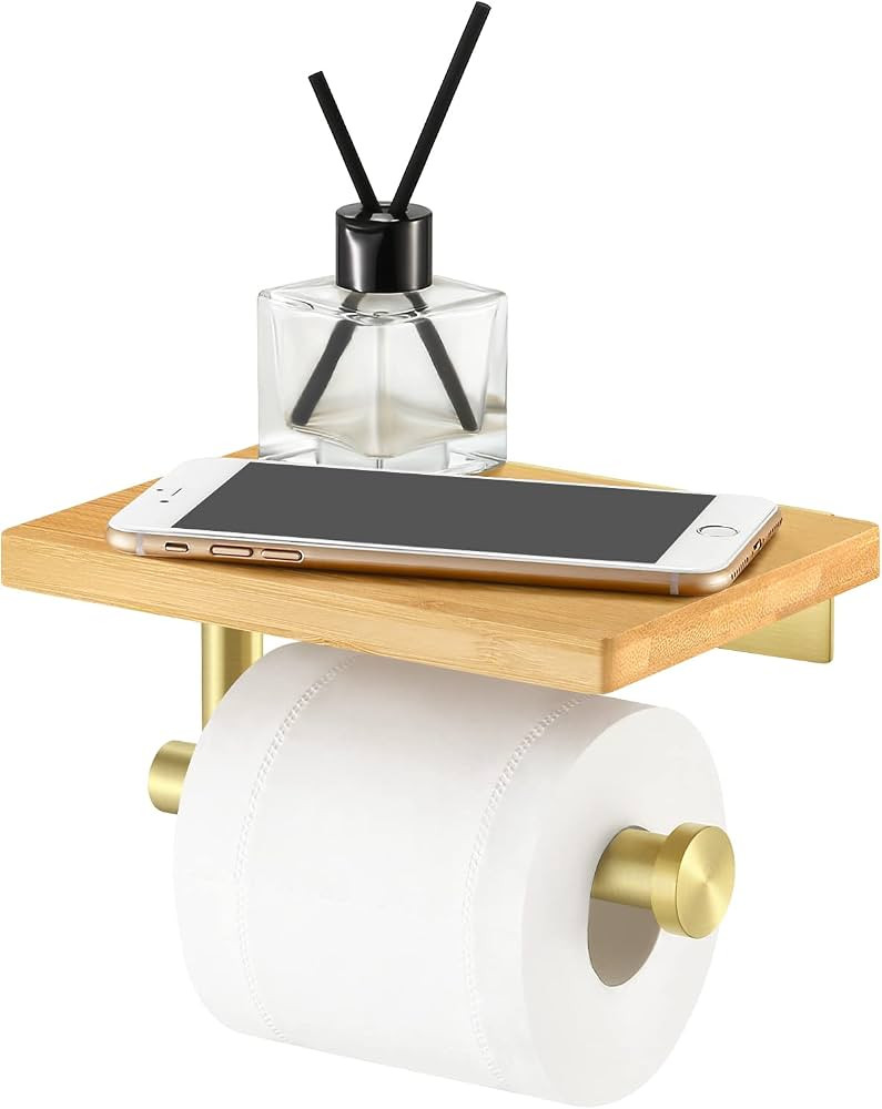 KES Toilet Paper Holder Wall Mount, Toilet Paper Holder with Shelf Bamboo, Brushed Brass SUS304 S... | Amazon (US)