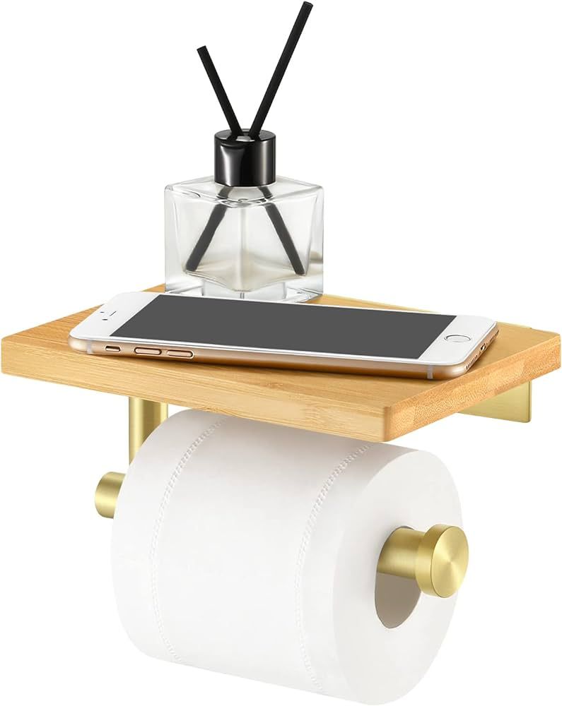 KES Toilet Paper Holder Wall Mount, Toilet Paper Holder with Shelf Bamboo, Brushed Brass SUS304 S... | Amazon (US)