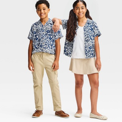 Latino Heritage Month Kids' Woven Short Sleeve Collared Button-Down Shirt - Navy Blue Abstract S | Target