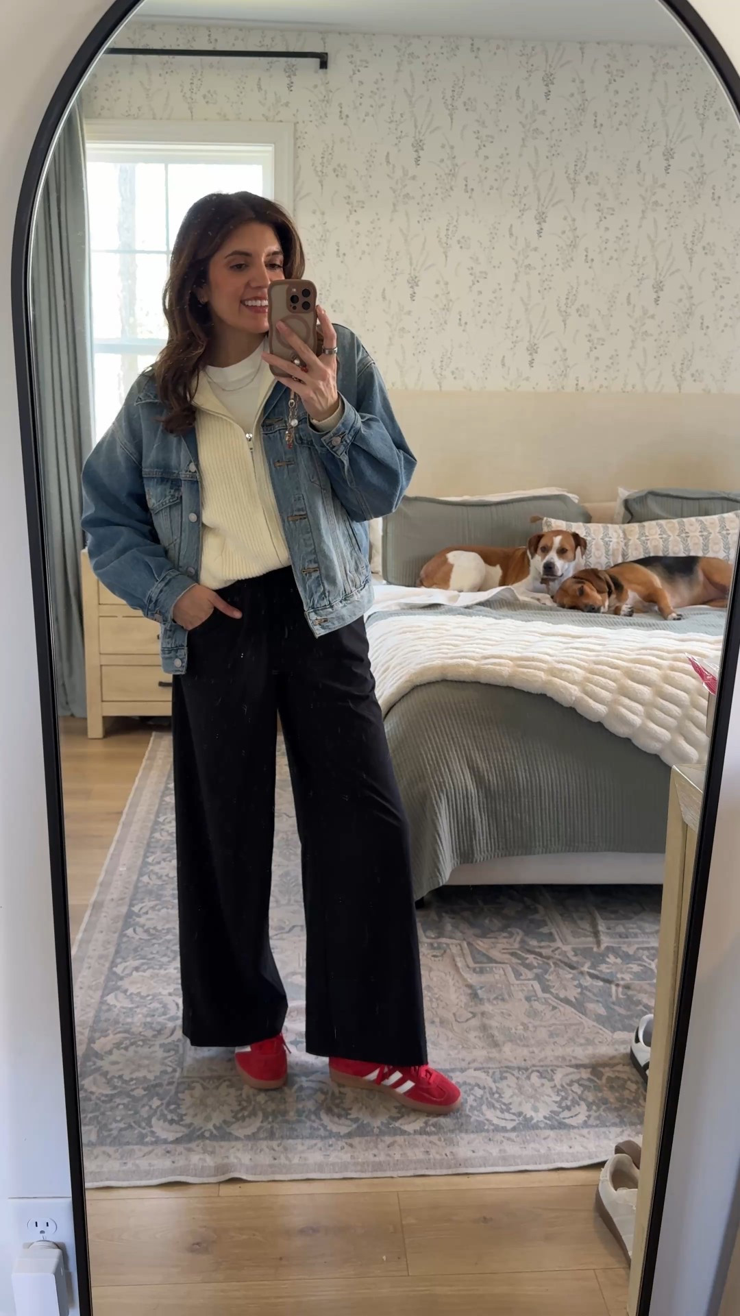Outfit of the day! Styling our favorite target athletic wide leg pants! In a size small pants, sweater, tee and denim jacket.

#LTKmomlife #LTKootd #LTKOver40