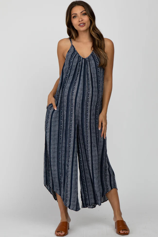 Navy Blue Printed Stripe Maternity Jumpsuit | PinkBlush Maternity