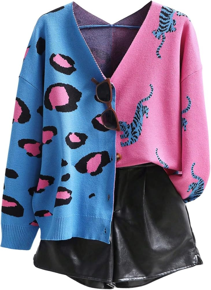 WDIRARA Leopard Tiger Print Cardigan Block Sweater | Amazon (US)