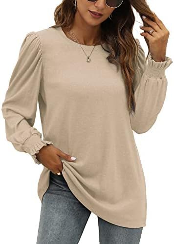 XIEERDUO Womens Long Ruffle Sleeve Sweatshirts Dressy Puff Sleeve Tunic Tops Loose Fit | Amazon (US)