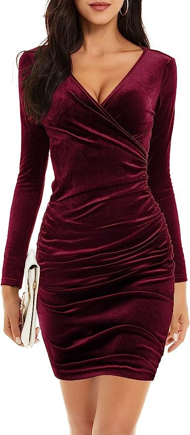 FENSACE Womens Wrap V Neck Long Sleeve Velvet Dress Cocktail Party Ruched Bodycon Dress | Amazon (US)