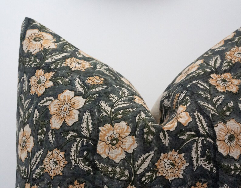 HOLLY || Dark Charcoal-Green Floral Linen Pillow Cover Block Print Pillow Moody Floral Pillow Dar... | Etsy (CAD)