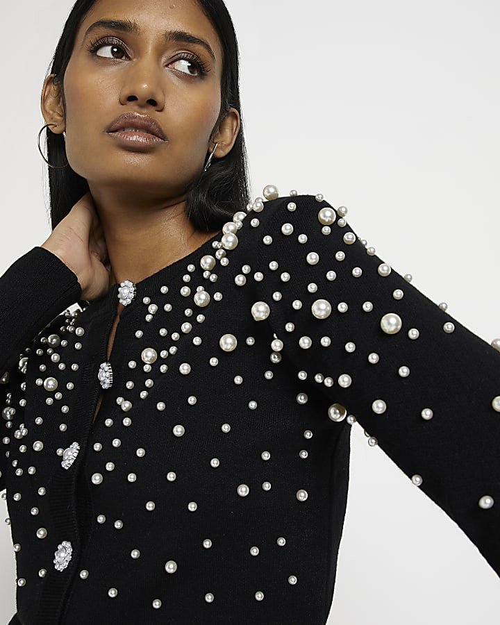 Black pearl detail cardigan | River Island (US)