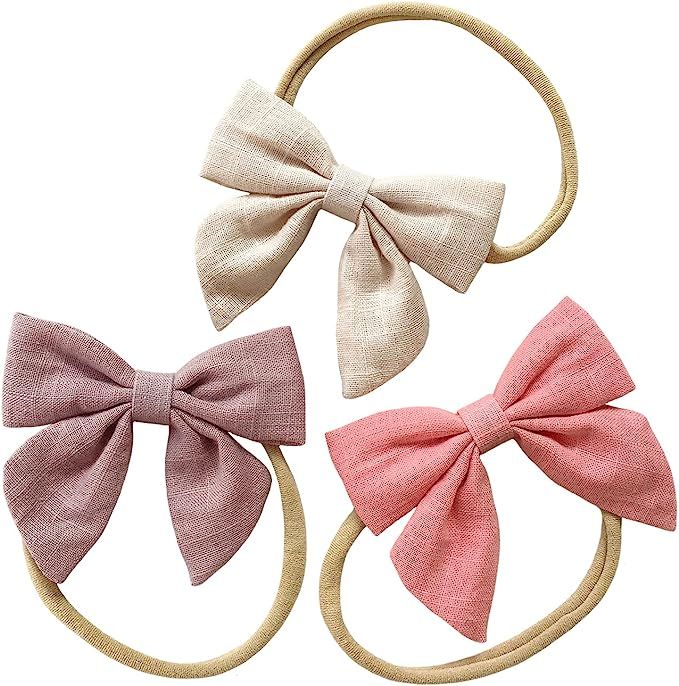 Baby Girl Super Soft Headbands and Linen Bows, Stretchy Nylon Hair bands For Newborn Infant Toddl... | Amazon (US)