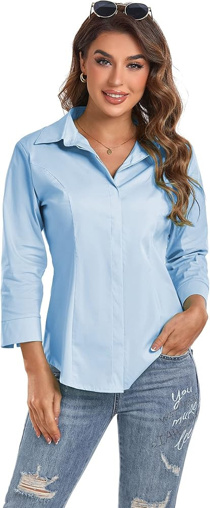Women's Button Down Shirts 3/4 Sleeve Business Stretch Work Office Formal Casual Blouse Tops | Amazon (US)