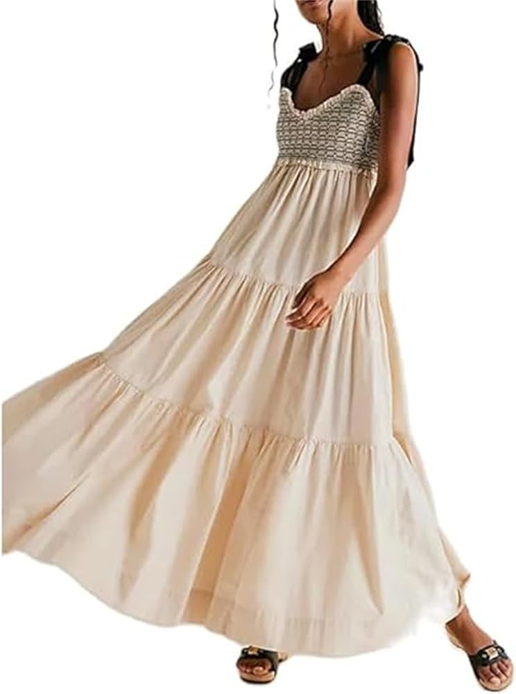 Women Boho Tie Shoulder Floral Maxi Dress Print Swing Cut-out Long Dress Sleeveless Flowy Loose S... | Amazon (US)