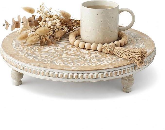 Round Wooden Tray Riser - Decorative Pedestal Stand with Removable Feet, Farmhouse Wood Tray & Va... | Amazon (US)