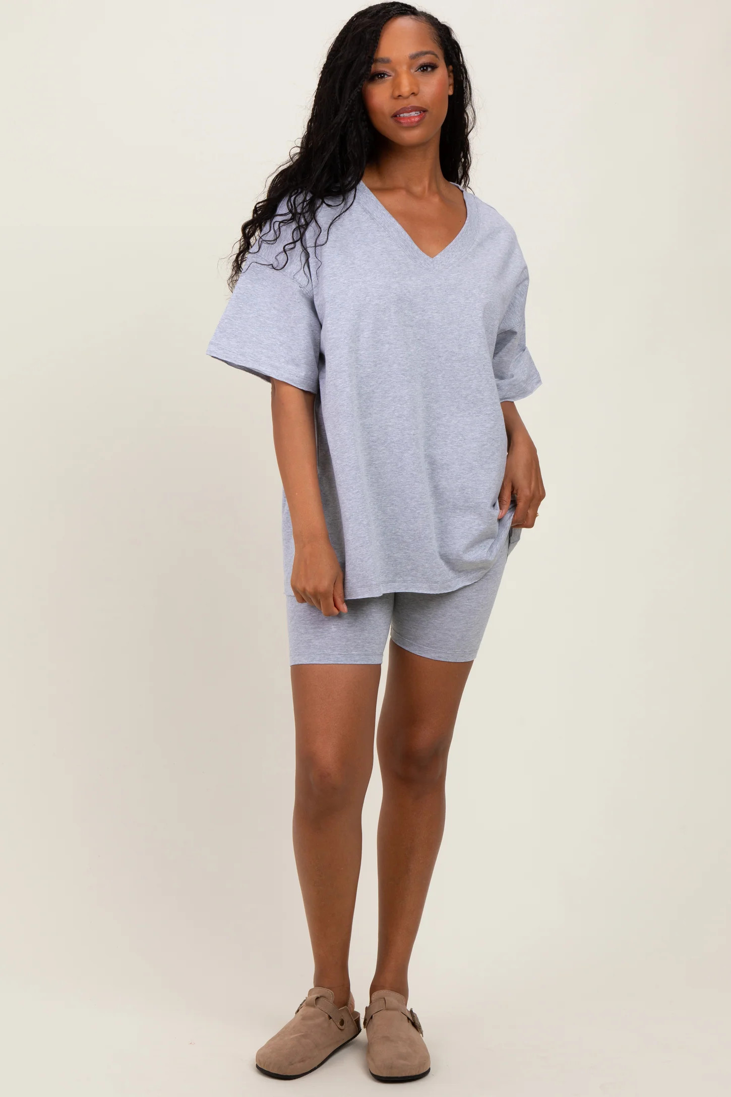 Heather Grey Oversized V-Neck Biker Short Set | PinkBlush Maternity
