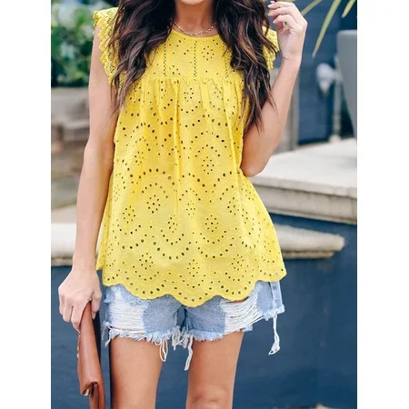 ZANZEA Ladies Sleeveless Hollow Out Cotton Blouse Floral Embroidery Tank Tops | Walmart (US)