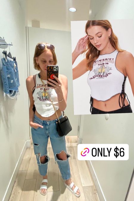 Rock n roll side ruching tank on sale for $6 
Exact jeans not available so linked another high waisted distressed mom jeans option that is 30% off 

#LTKU #LTKSeasonal #LTKsalealert