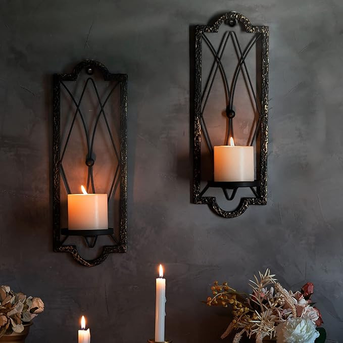 Candle Sconce(Set of 2)-Metal Wall Decorations-Rustic Home Decor-Wall Candle Sconces-Gold Black W... | Amazon (US)