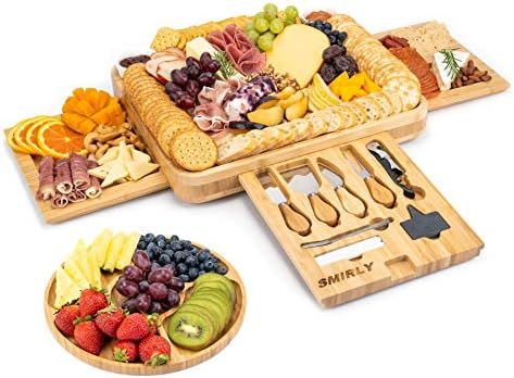 SMIRLY Bamboo Cheese Board and Knife Set: Large Charcuterie Board Set - Wine Meat Cheese Platter ... | Amazon (US)