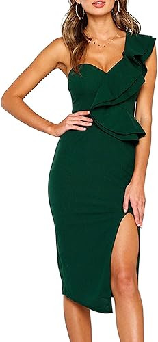 ECOWISH Women's Dresses Sexy Ruffle One Shoulder Sleeveless Split Bodycon Midi Party Dress | Amazon (US)