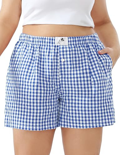 FOREYOND Plus Size Boxer Shorts for Women Gingham Shorts Lounge Sleep Plaid Shorts Y2K Beach Bottoms Blue White 1XL | Amazon (US)