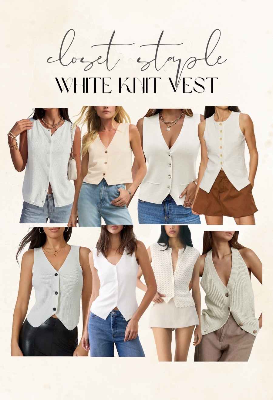 Spring and summer staple - white knit vest. One of my most worn pieces! It’s so versatile and easy to dress up or down! Here are some options I’m loving (some are from Amazon!)

Summer style, trending, knit vest, closet staple, outfit inspo 