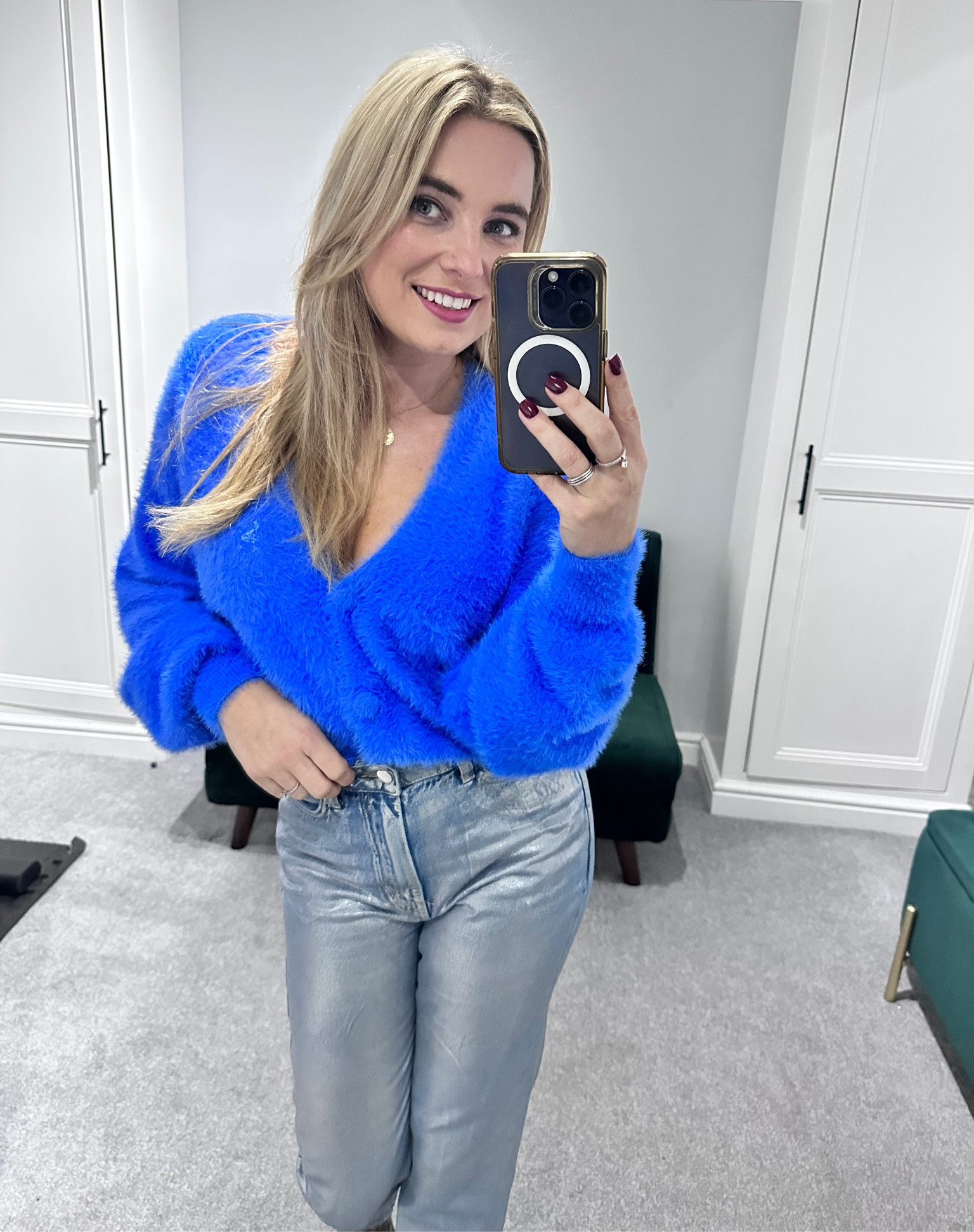 Blue Cardigan, silver jeans, Very, River Island, metallic jeans, party outfit, smart casual, bright blue, leopard print boots, comfy party outfit 

#LTKstyletip #LTKeurope #LTKSeasonal