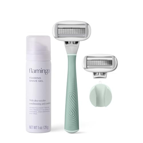 Flamingo Shaving Razor Set for Women - Original Razor Handle, 2 Blade Refills, Foaming Shaving Gel, and Shower Holder - Sage | Amazon (US)
