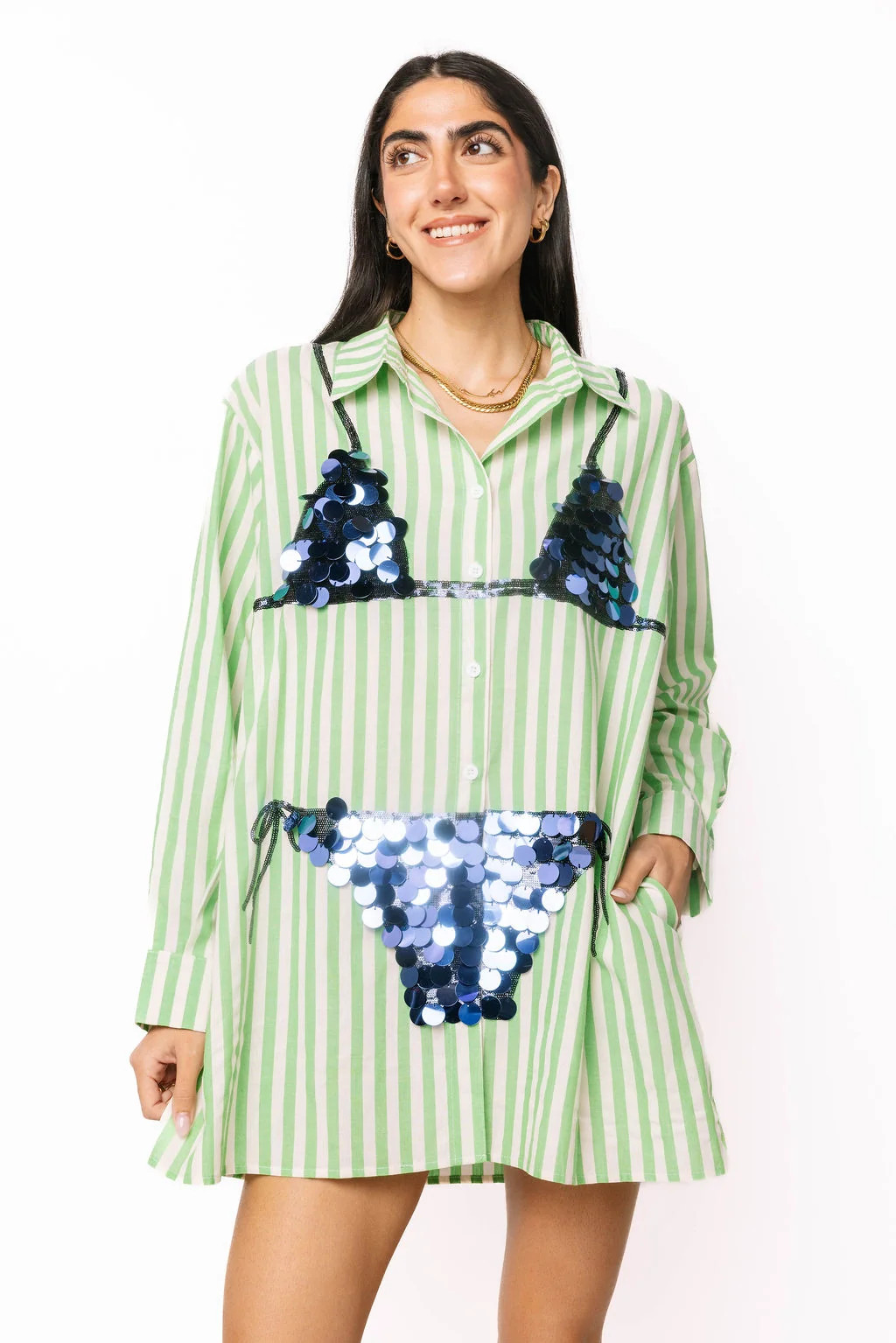 Green Striped Navy Paillette Bikini Tunic | Queen of Sparkles