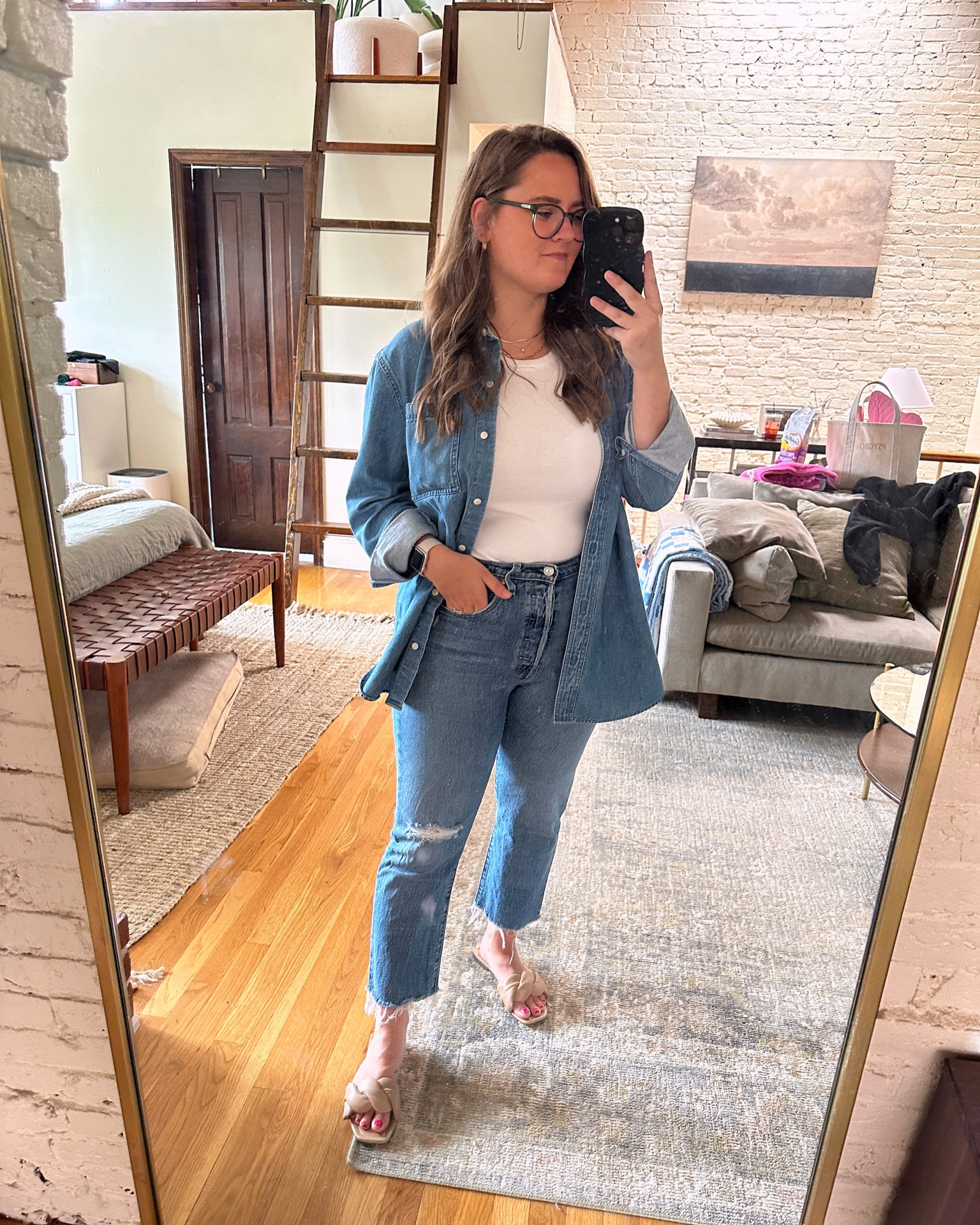 Tank - H&M (runs TTS)
Jeans - Levi’s (sized up 2 sizes)
Denim Shirt - Madewell (sized up)
Sandals - H&M (run TTS)

#LTKshoecrush #LTKunder100 #LTKstyletip