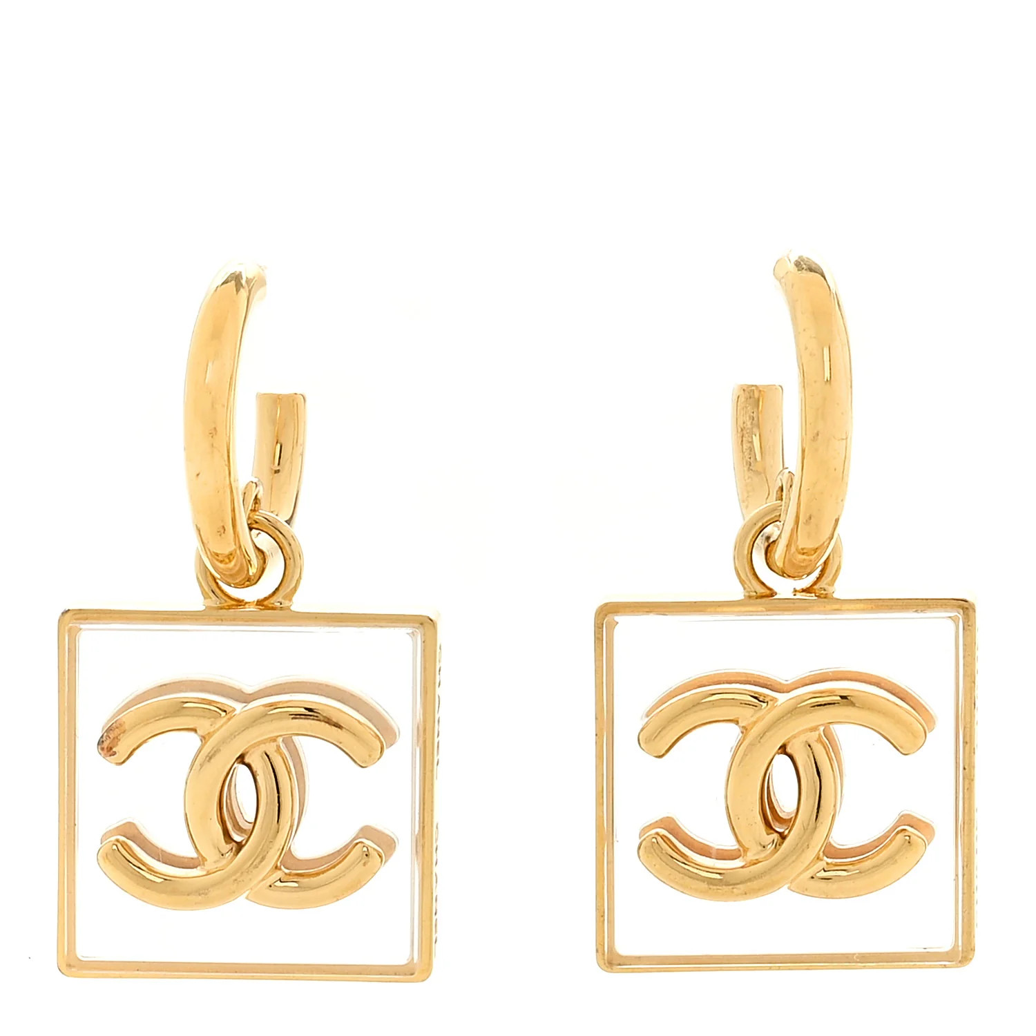 Metal Resin CC Square Drop Earrings Gold Transparent | FASHIONPHILE (US)