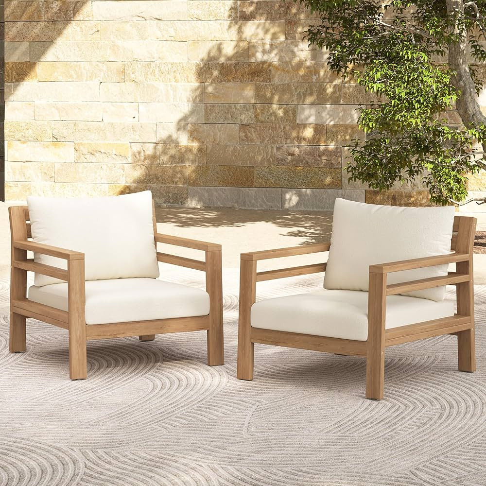 Merax Outdoor Acacia Wood Club Chairs with Beige Cushions (Set of 2), Light Teak Finish Armchair ... | Amazon (US)