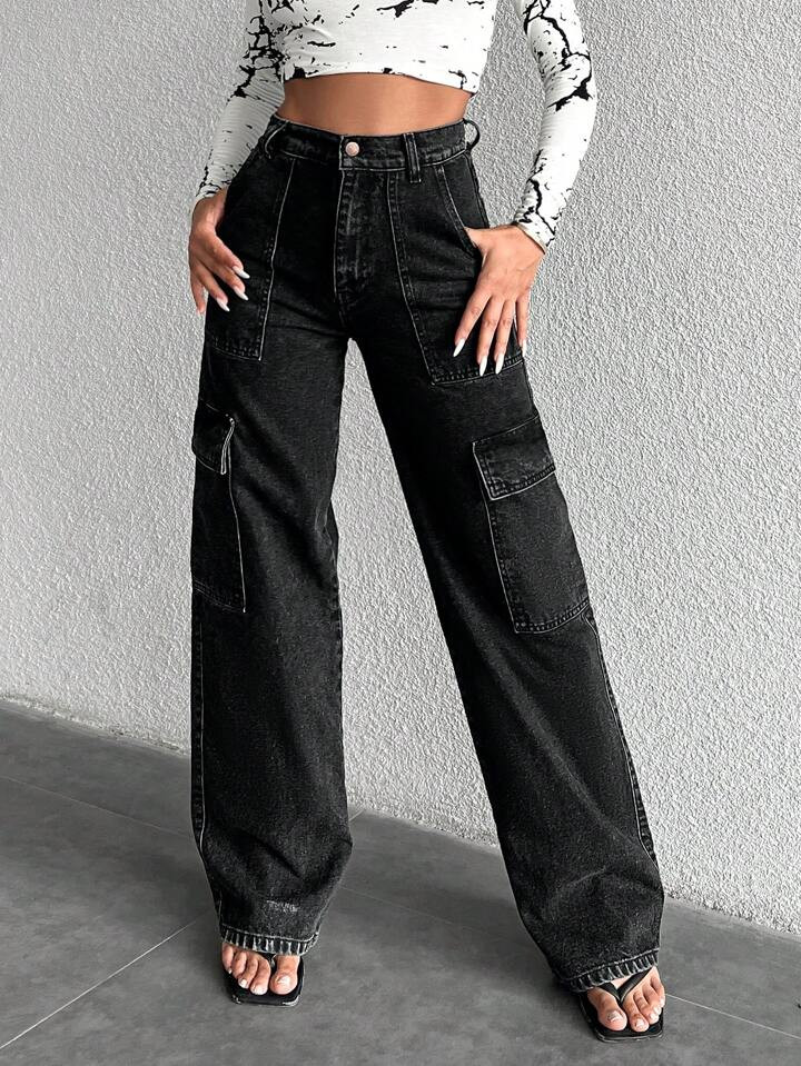 SHEIN PETITE Hoge taille Klepzak Cargojeans | SHEIN