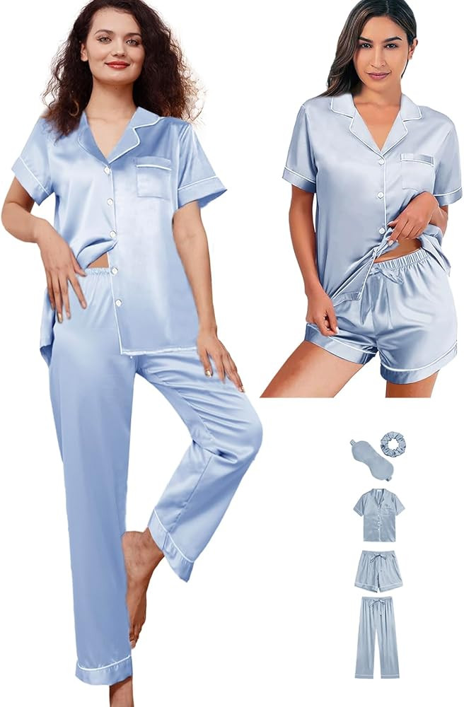 WJing Yi Jia 5Pcs Womens Silk Satin Pajamas Sets XS-XXL Short Pj Sets Button Down Pjs Set Sleepwe... | Amazon (US)