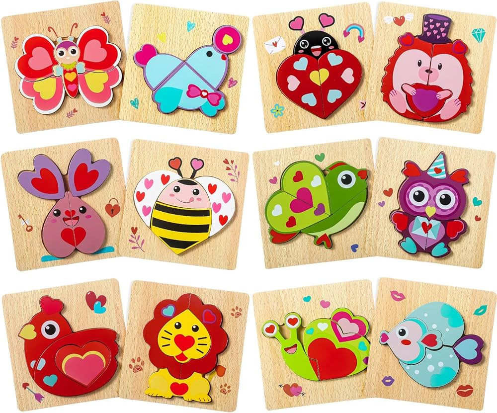 Capoda 12 Pack Valentines Animal Wooden Puzzles Wood Animal Jigsaw for Toddlers Montessori Presch... | Amazon (US)