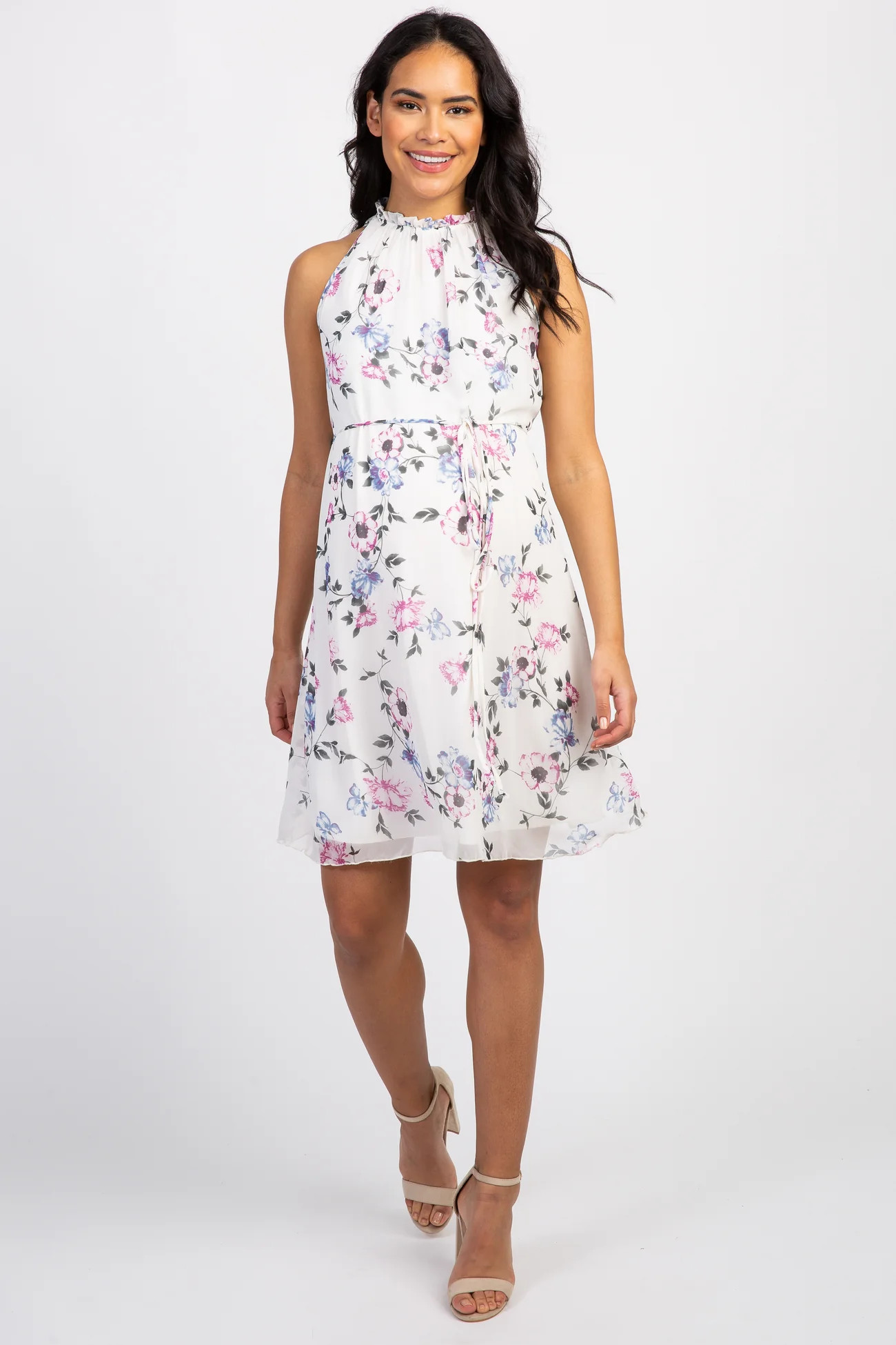 Ivory Floral Chiffon High Neck Maternity Dress | PinkBlush Maternity